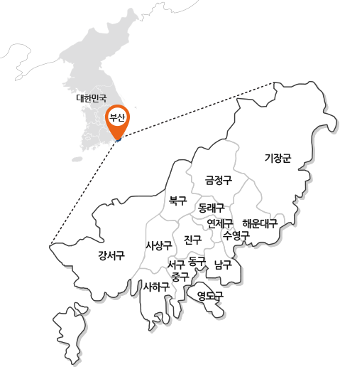대한민국
부산
강서구, 사상구, 사하구, 북구, 진구, 서구, 동구,
중구, 영도구, 금정구, 동래구, 연제구, 수영구,
금정구, 해운대구, 기장군