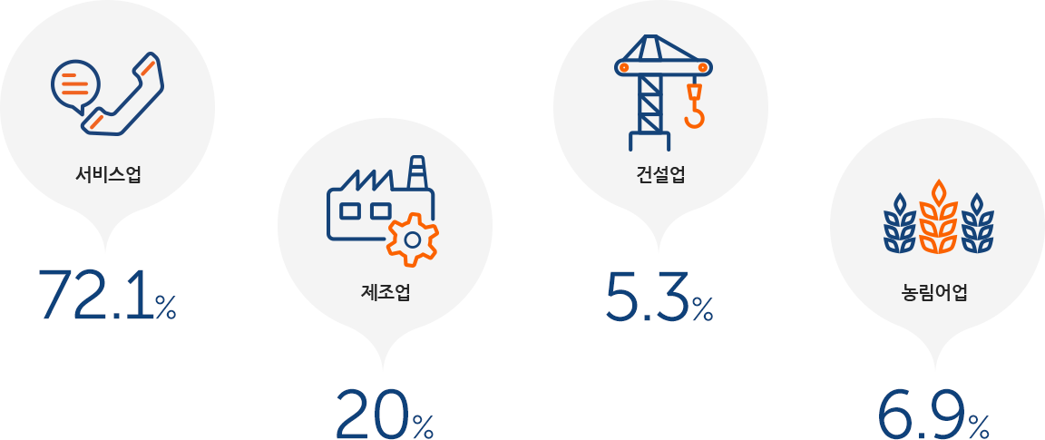 서비스업 72.1%
제조업 20%
건설업 5.2%
농립어업 6.9%