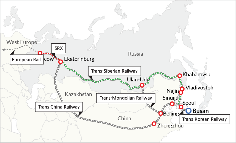 Busan - (Trans-korean Railway) - Seoul - Najin - Vladivostok - Khabarivsk -
Ulan-Ude(Baijing : (Trains-Mongolian Railway)) - Trains-Siberian Railway - Ekaterinburg -
cow - (European Rail) - West Europe
Busan - (Trans-korean Railway) - Seoul - Sinuiju - Beijing(Ulan-Ude : (Trains-Mongolian Railway)) -
Zhengzhou - China - Trains China Railway - Kazakhstan - Ekaterinburg - cow
- (European Rail) - West Europe