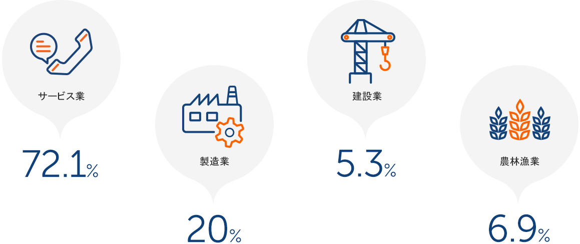 サービス業 72.1%
製造業 20%
建設業 5.2%
農林漁業 6.9%