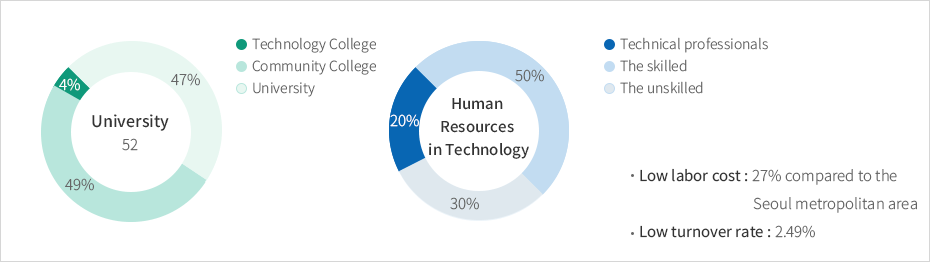 University : Technology college 4%, University 47%, Community college 49%, Total 52, Human Resources in Technology : Technical professionals 20%, The skilled 50%, The unskilled 30%, Low labor cost : 27% compared to the Seoul metropolitan area, Low turnover rate: 2.49%