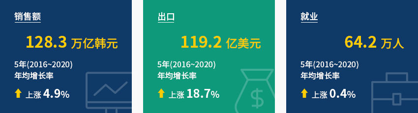 销售额 128.3万亿韩元 5年('16~'20) 年均增长率 上涨4.9%, 出口 119.2亿美元 5年('16~'20) 年均增长率 上涨18.7%, 就业 64.万人 5年('16~'20) 年均增长率 上涨0.4%