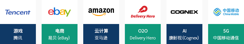 游戏:腾讯, 电商:易贝（eBay）, 云计算:亚马逊, O2O:Delivery Hero, AI:康耐视（Cognex）, 5G:中国移动通信