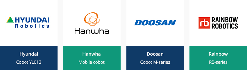 Hyundai : Cobot YL012, Hanwha : Mobile cobot, Doosan : Cobot M-series, Rainbow : RB-series