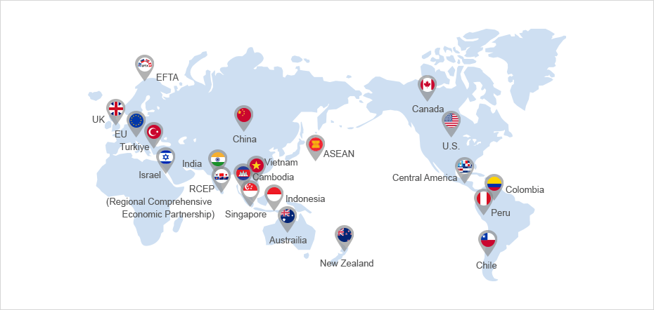 all over the world GDP 77% - EU 1,084, India 205, Turkey 65, China 2,434, Singapore 193, Australia 284, ASEAN 1,512, Vietnam 691, Indonesia 164, New Zealand 27, Canada 112, the United States 1,351, Colombia 19, Peru 31, Chile 52