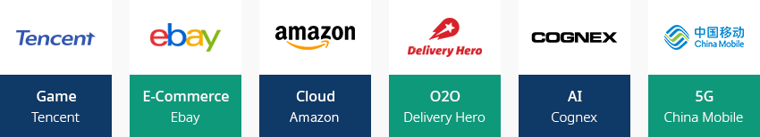 games:Tencent, e-commerce:ebay, cloud:amazon, O2O:Delivery Hero, AI:COGNEX, 5G:China Mobile