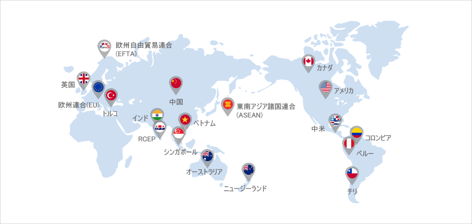 全世界GDP 77％ - EU 1,084, インド 205, トルコ 65, 中国 2,434, シンガポール 193,オーストラリア 284, ASEAN 1,512, ベトナムの 691, インドネシア 164, ニュージーランド 27, カナダ 112, 米国 1,351, コロンビアの 19, ペルー 31, チリの 52